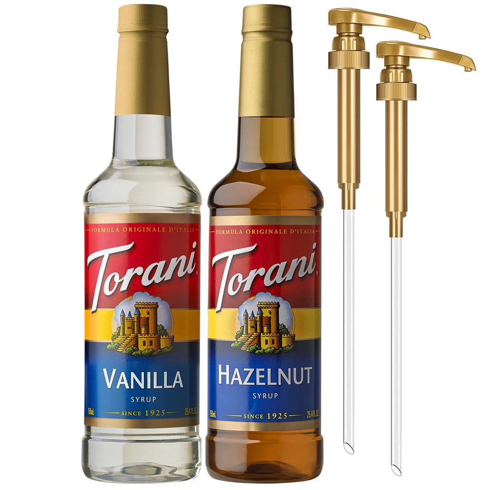 Torani hazelnut and vanilla syrups 2-pack with pumps for easy flavoring in beverages.