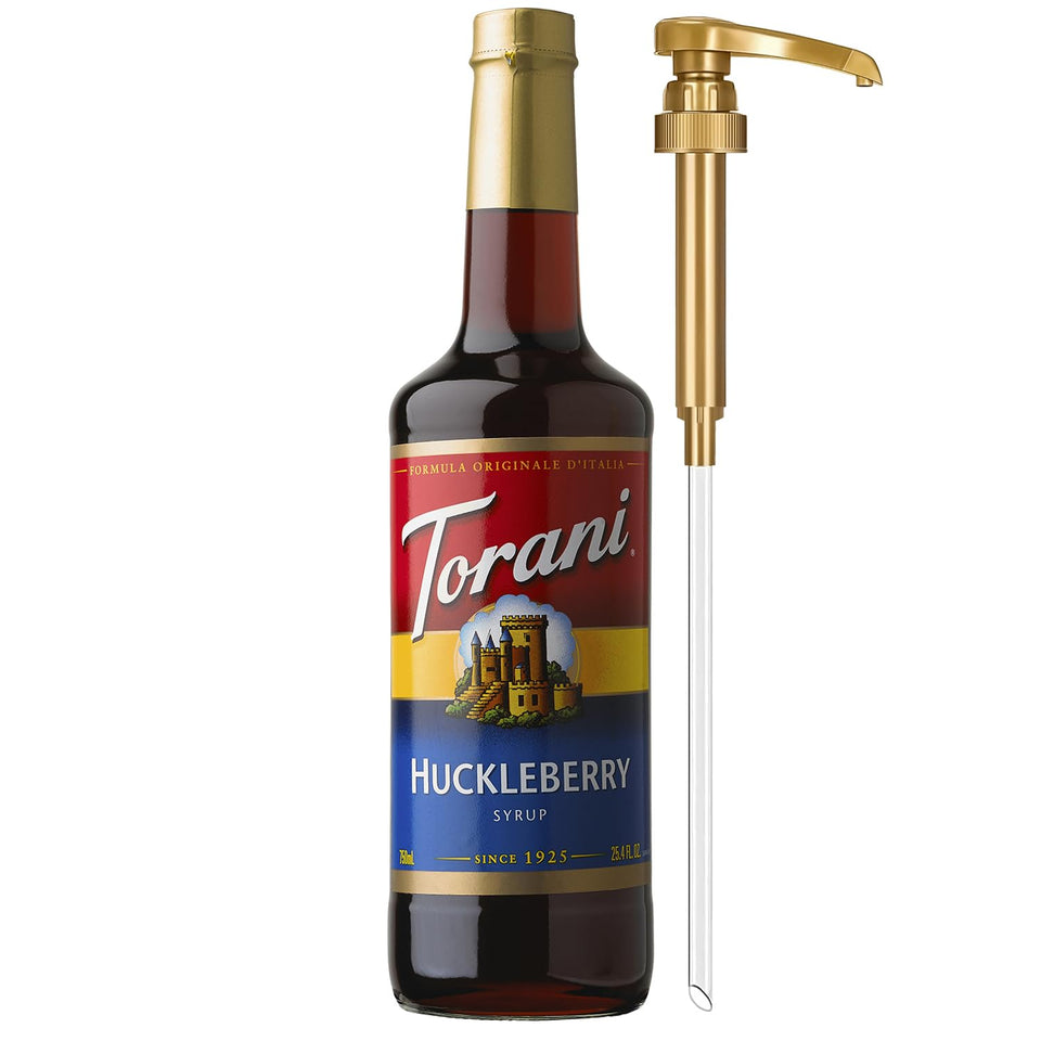 Torani Huckleberry Syrup bottle with pump enables precise, mess-free flavoring