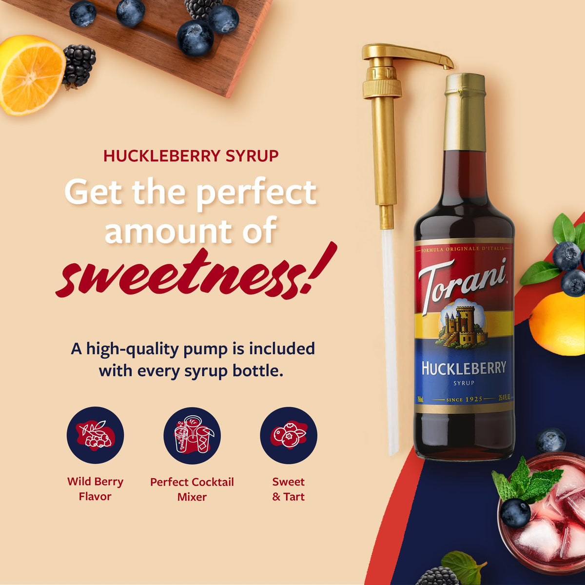 Torani Huckleberry Syrup being poured into iced tea for a berry twist