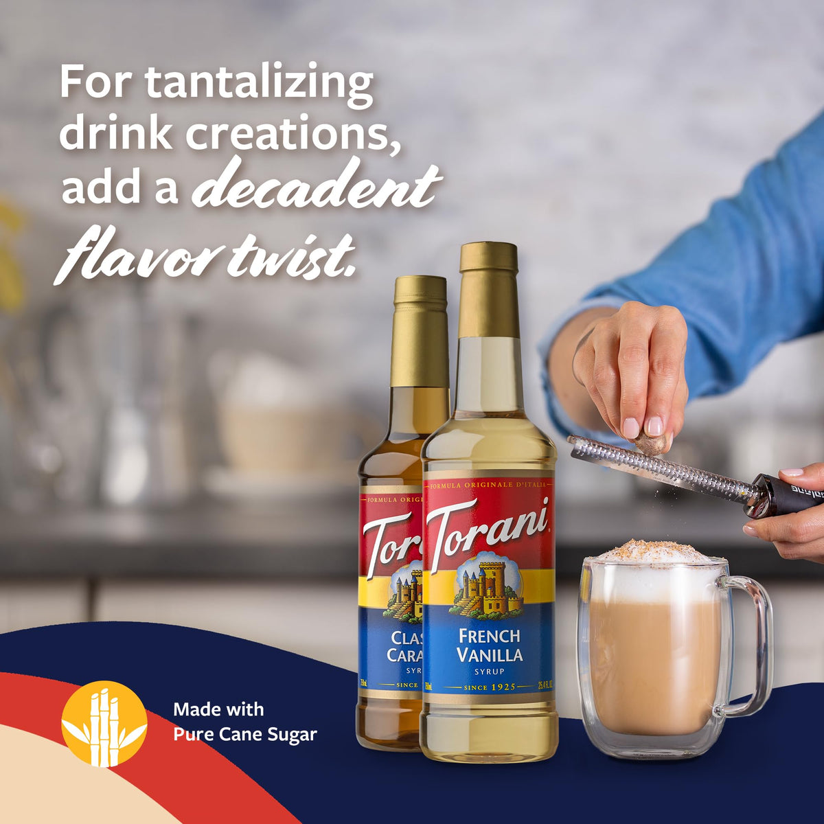 Iced latte idea using Torani syrup for a flavorful, refreshing coffee drink.