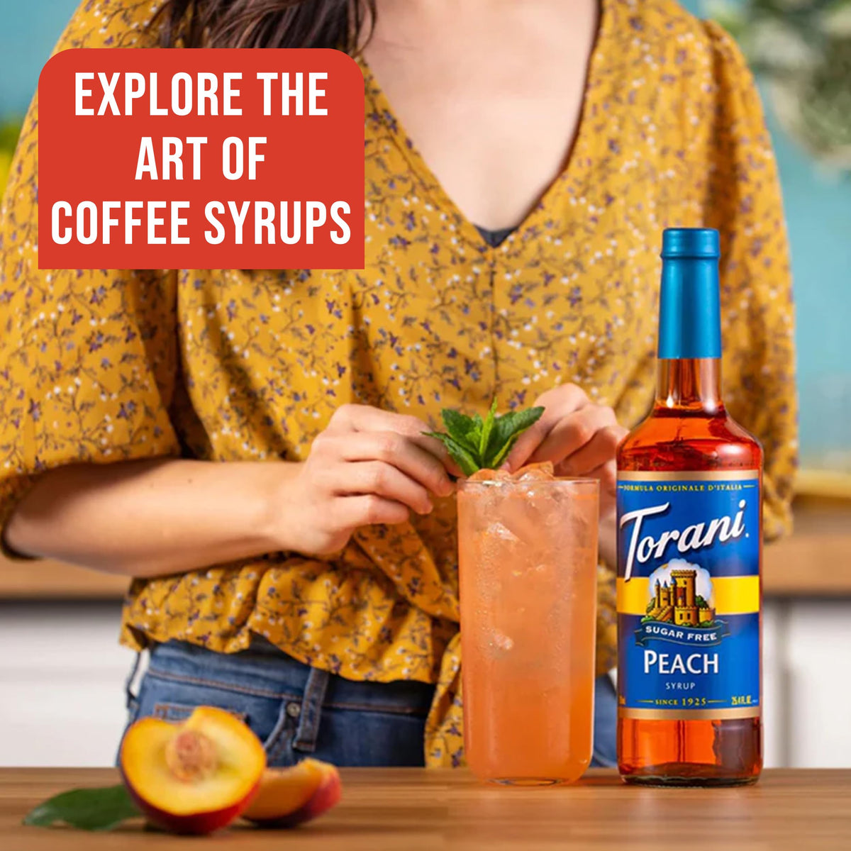 Iced tea being sweetened with Torani Peach Sugar Free Syrup