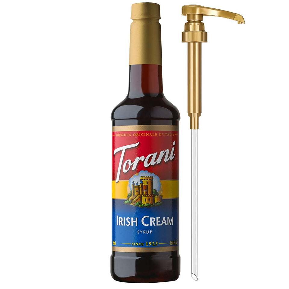 Torani Irish Cream Syrup bottle with pump for easy, mess-free sweetening