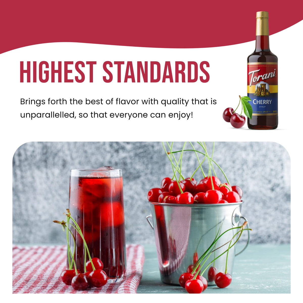 Jimoco dispenser by Torani with cherry finish for easy pouring.