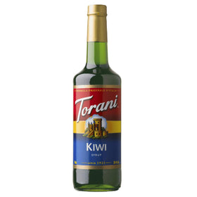 Torani Kiwi Syrup bottle highlights vibrant kiwi flavor for drinks and desserts.