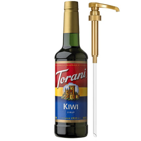 Torani Kiwi Syrup bottle with pump for easy drink flavoring.