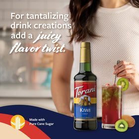 Close-up of Torani Kiwi Syrup label showing natural flavors.