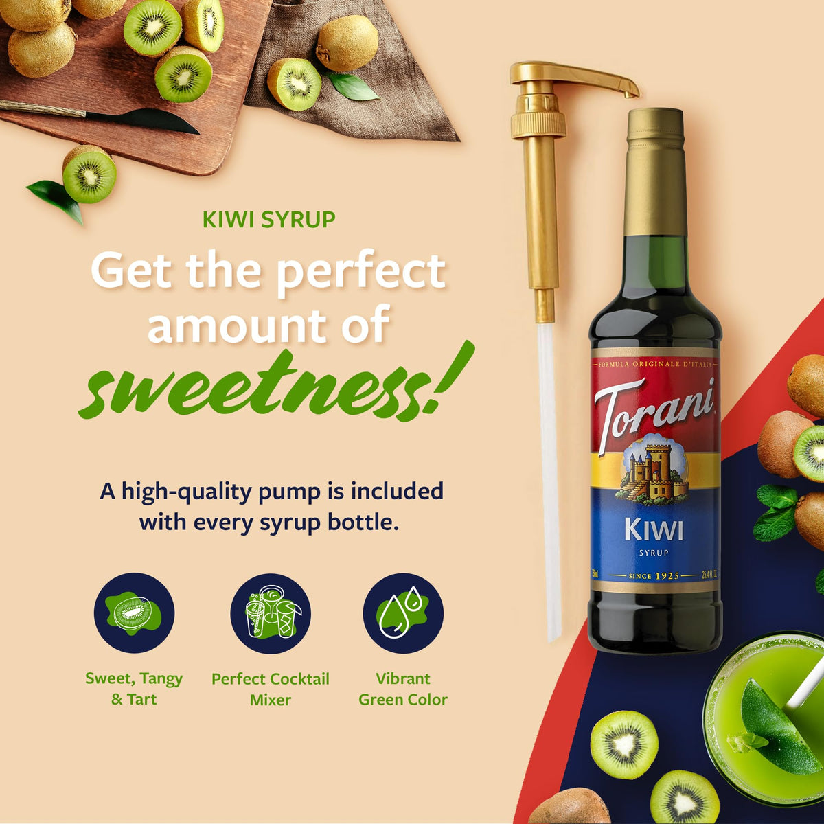 Torani Kiwi Syrup being poured into a glass for flavor.