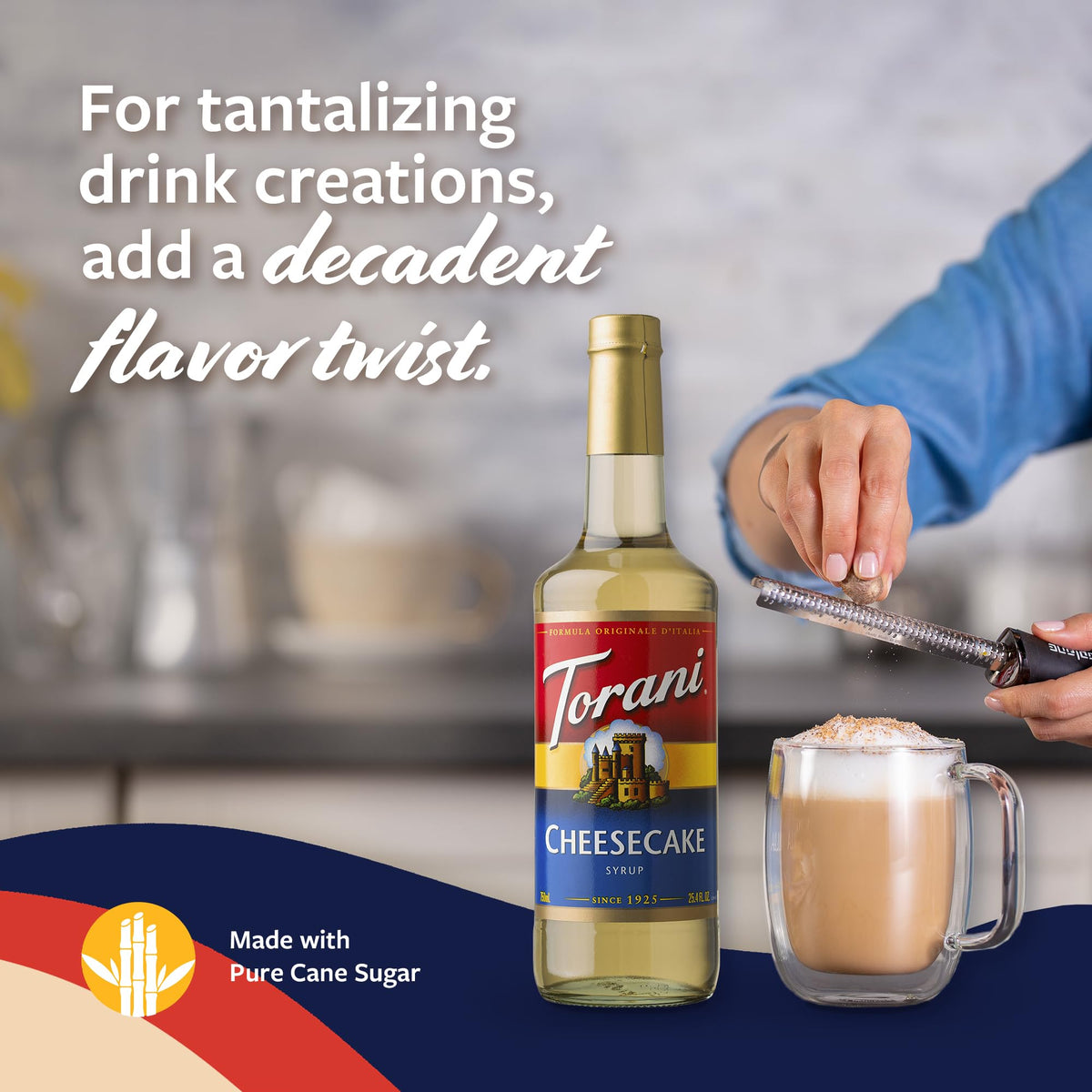 Torani latte with cheesecake flavor drizzle highlights creamy profile