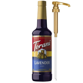 Torani Lavender Syrup bottle with pump ready for precise latte sweetness.