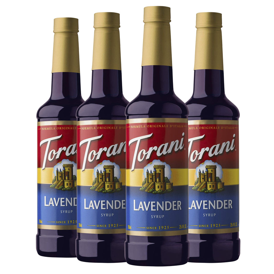 Torani Lavender Syrup bottle showing rich color and aroma for lattes