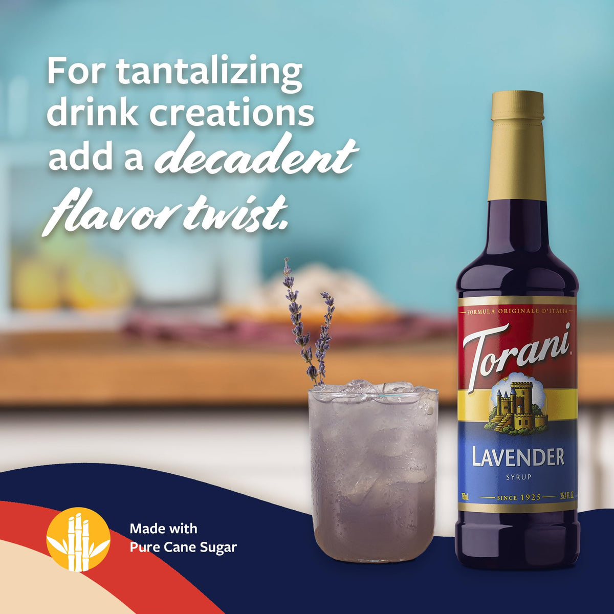 Torani Lavender Syrup bottle close-up highlighting BPA-free packaging.