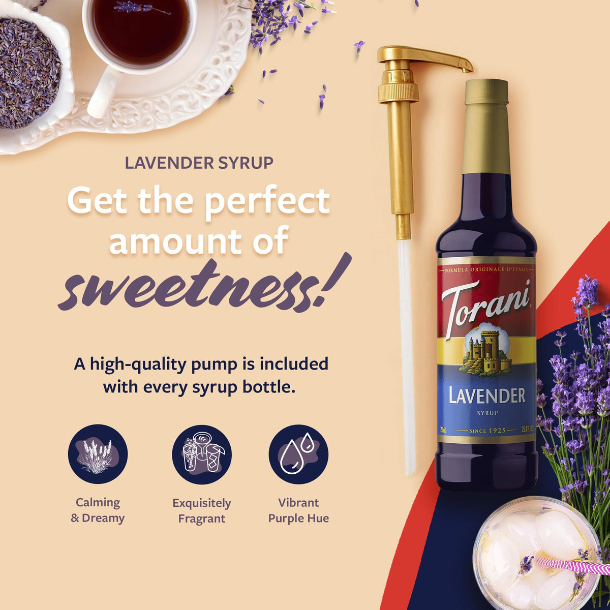 Torani Lavender Syrup drizzle on iced lemonade for a floral refresh.