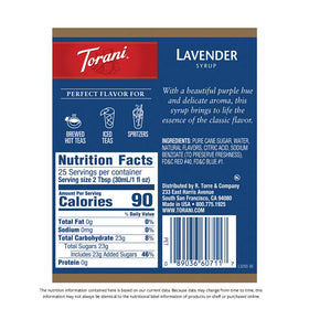 Torani Lavender Syrup ingredients highlight natural flavors and cane sugar