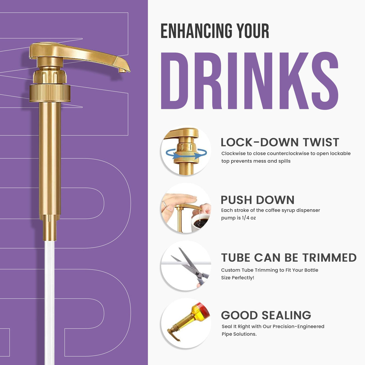 Top view of Torani Lavender Syrup bottle with pump for easy pouring.