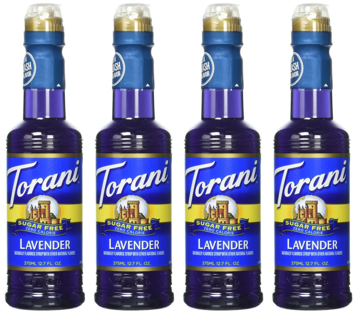 Torani Lavender Syrup sugar-free bottle front, versatile flavoring for coffee, tea, and desserts.