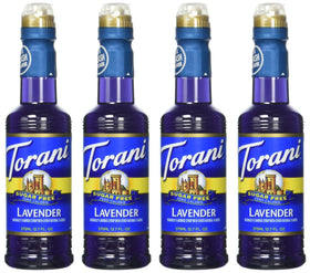 Torani Lavender Syrup sugar-free bottle front, versatile flavoring for coffee, tea, and desserts.