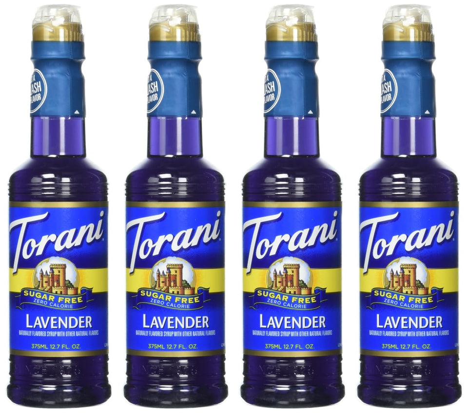 Torani Lavender Syrup sugar-free bottle front, versatile flavoring for coffee, tea, and desserts.