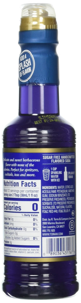 Torani Lavender Syrup sugar-free bottle pour, easy flavor booster for beverages and baked goods.