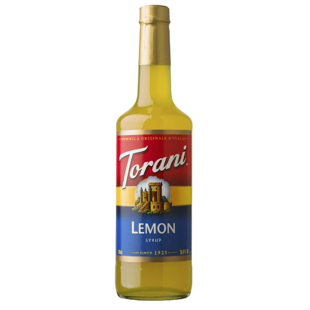 Torani Lemon Syrup bottle front view for vibrant beverages.