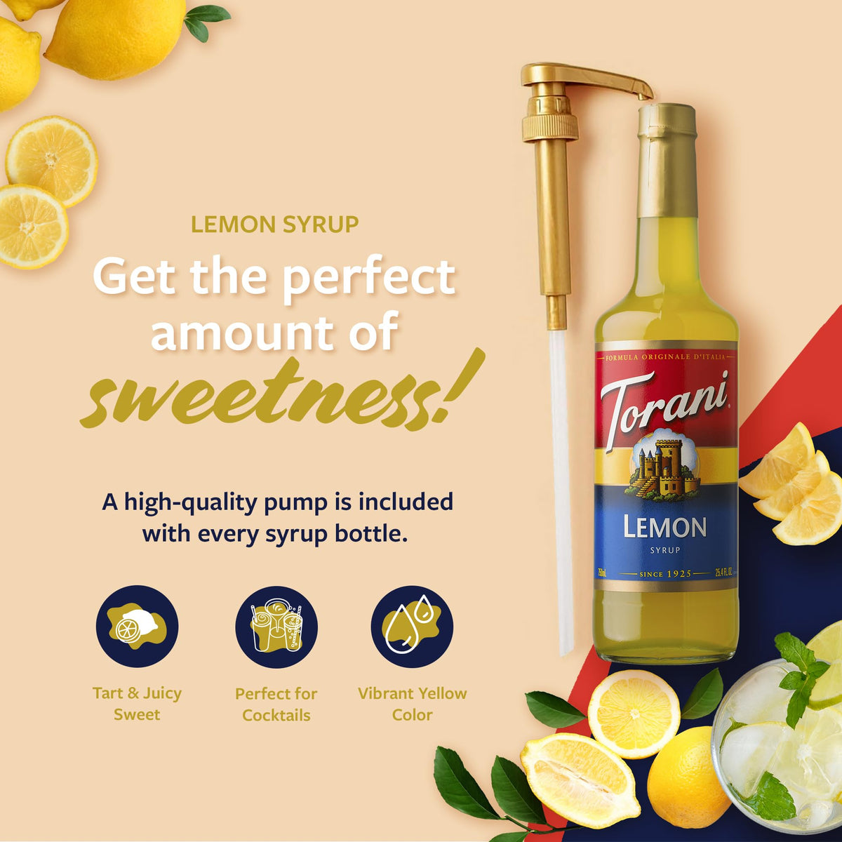 Front view of Torani Lemon Syrup bottle in the 750 ml size