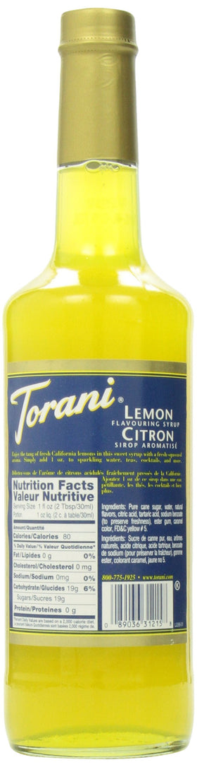 Torani Lemon Syrup pour close-up for quick flavoring of drinks.