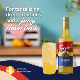 Dispensing pump action on Torani Lemon Syrup for mess-free use