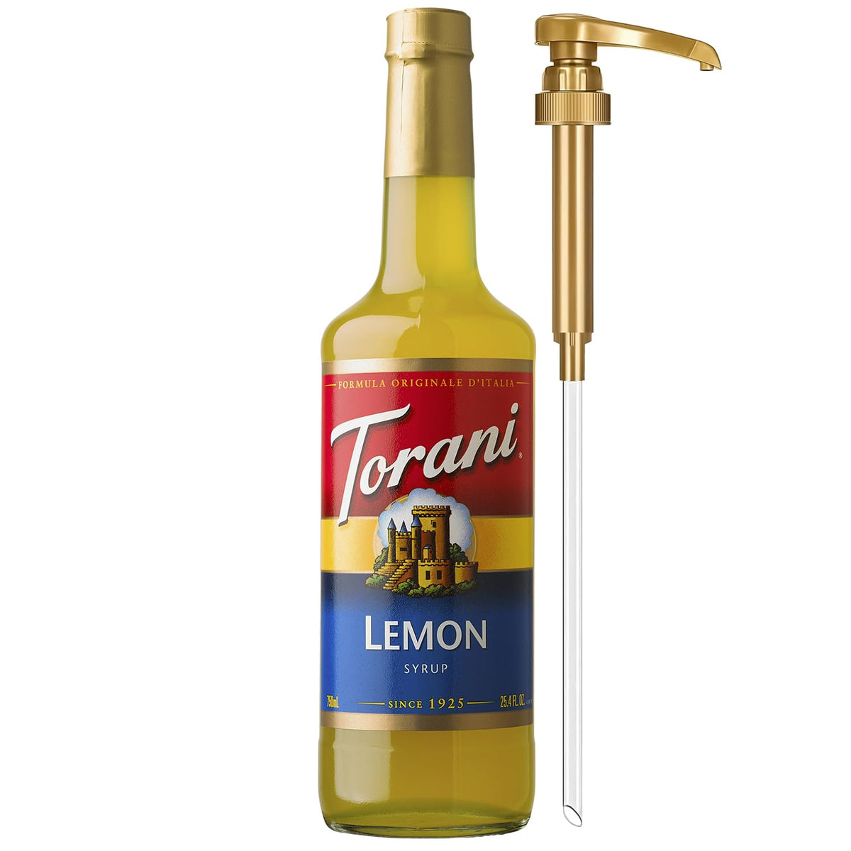 Torani Lemon Syrup glass bottle with pump for easy flavoring