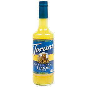 Torani Lemon Syrup Sugar Free bottle enhances citrus flavor in coffee and tea without sugar.