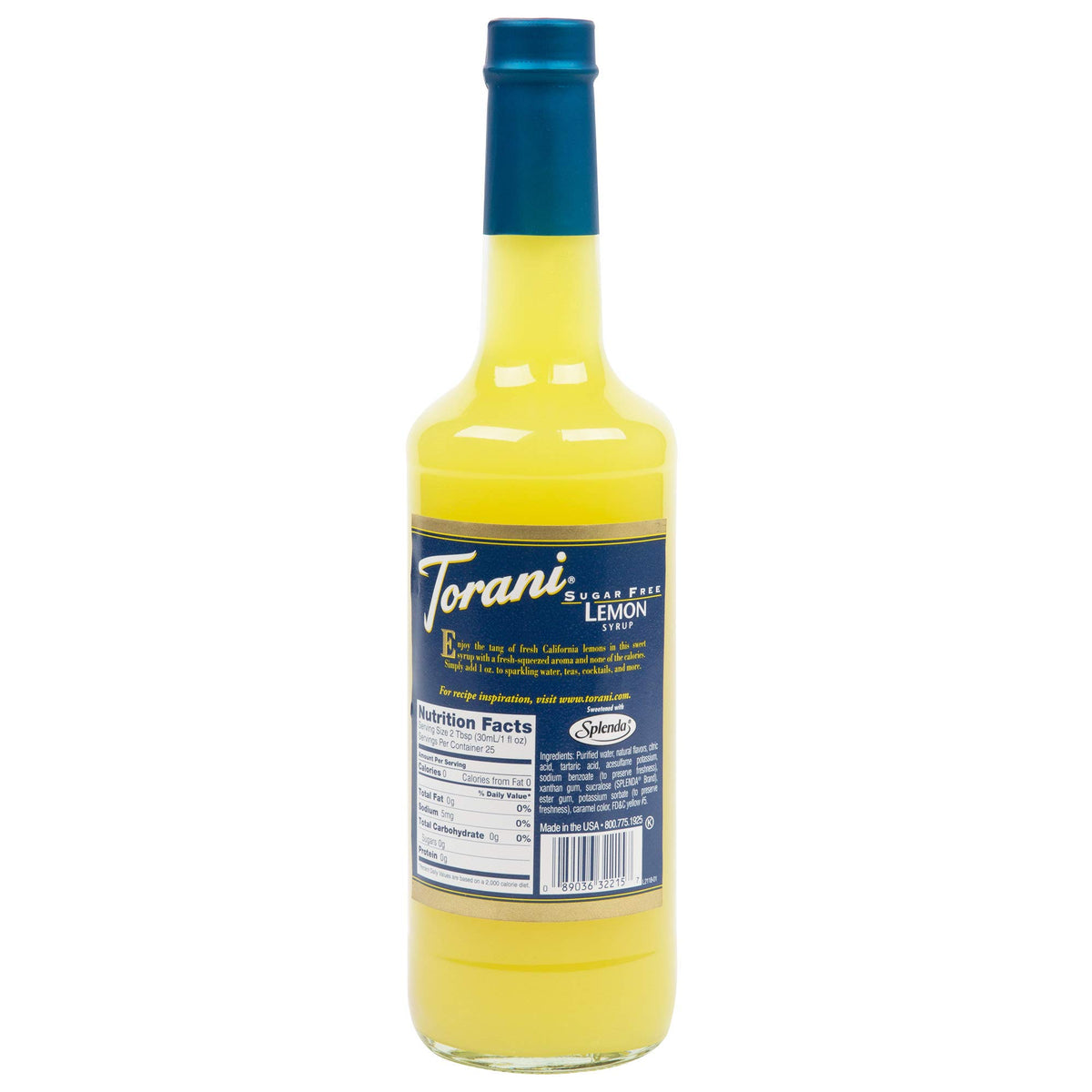 Torani Lemon Syrup Sugar Free pour showcases sugar-free lemon flavor for iced beverages.