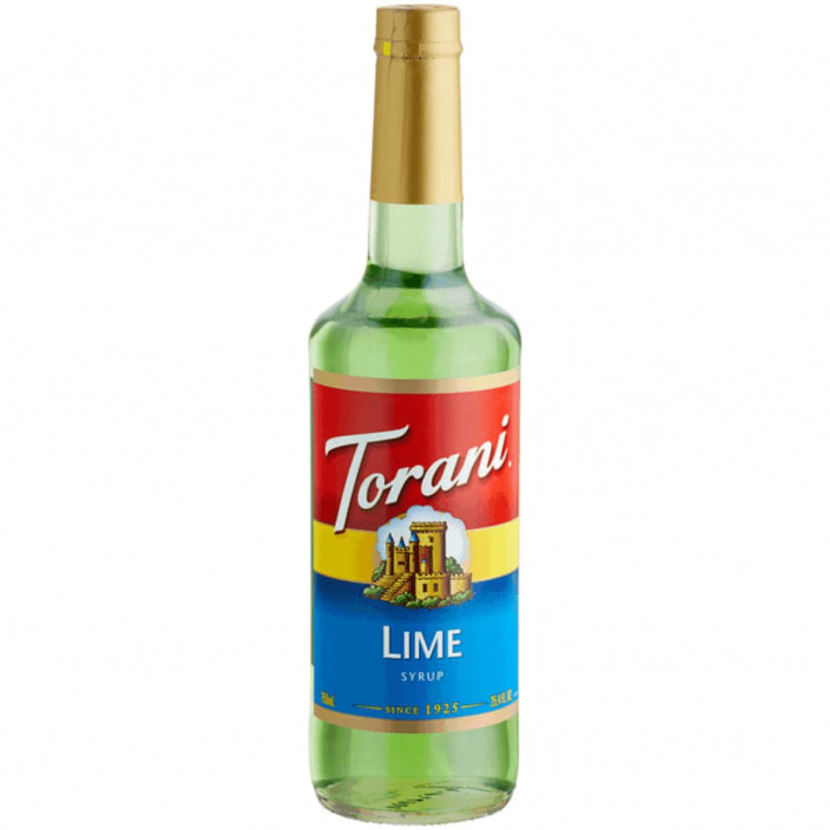 Torani Lime Syrup bottle front view, great for refreshing citrus drinks.
