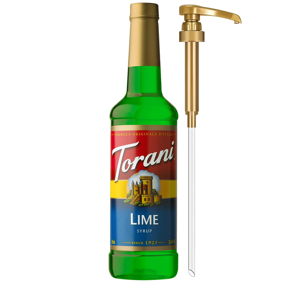 Torani Lime Syrup bottle with pump for easy, mess-free flavoring at home.