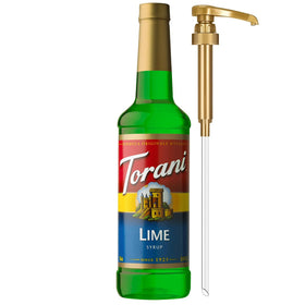 Torani Lime Syrup bottle with pump for easy, mess-free flavoring at home.