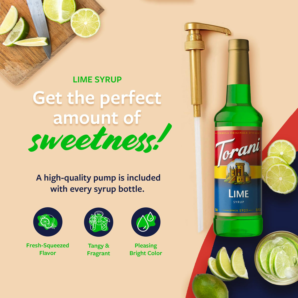 Torani Lime Syrup poured over ice creates vibrant limey refreshment.