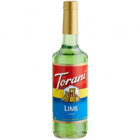 Torani Lime Syrup label close-up highlighting natural flavor and Splenda sweetener.