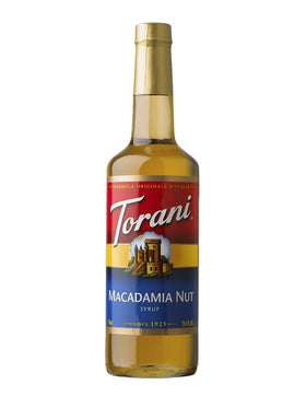 Torani Macadamia Nut Syrup bottle on the counter ready to flavor beverages.