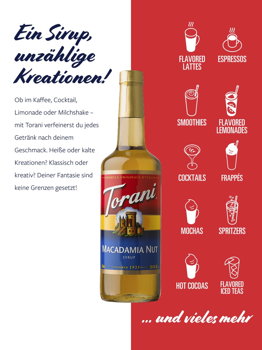 Torani Macadamia Nut Syrup pour spout close-up with smooth drizzle.