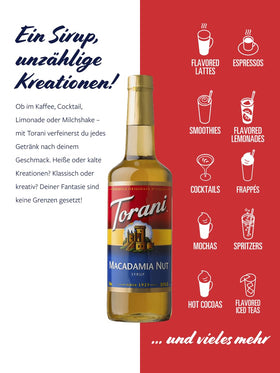 Torani Macadamia Nut Syrup pour spout close-up with smooth drizzle.