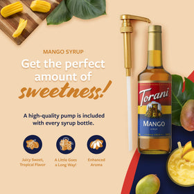 Torani Mango Syrup glass bottle on counter for home flavoring.