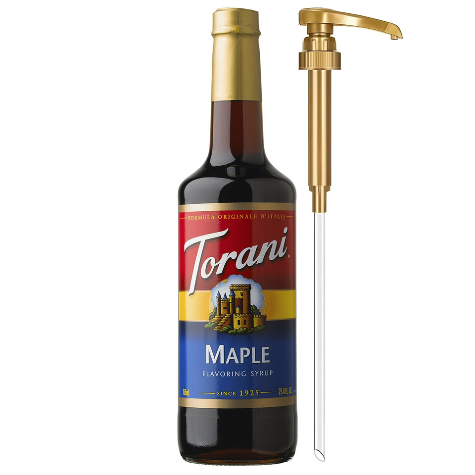Torani maple flavor syrup in a glass bottle with pump for easy use.