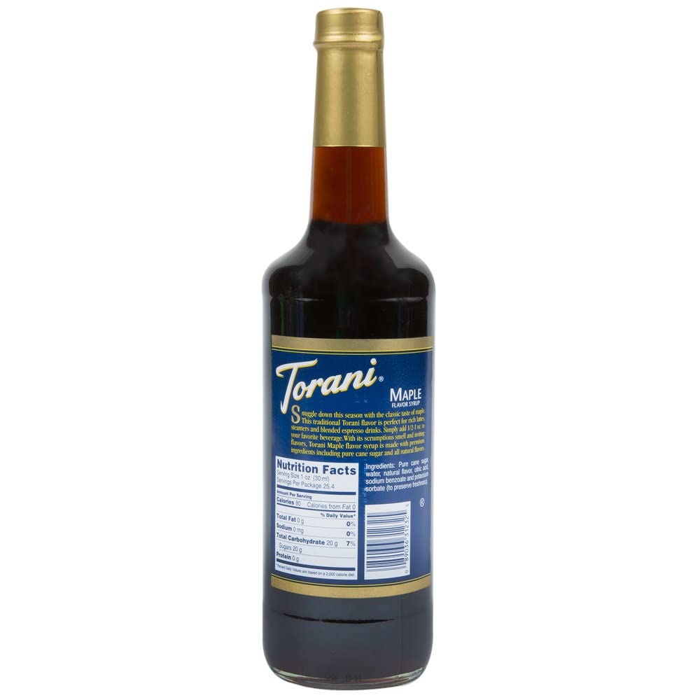 Torani Maple Syrup 750 mL bottle pour highlights easy drizzle over pancakes and waffles.