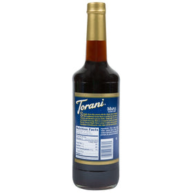 Torani Maple Syrup 750 mL bottle pour highlights easy drizzle over pancakes and waffles.
