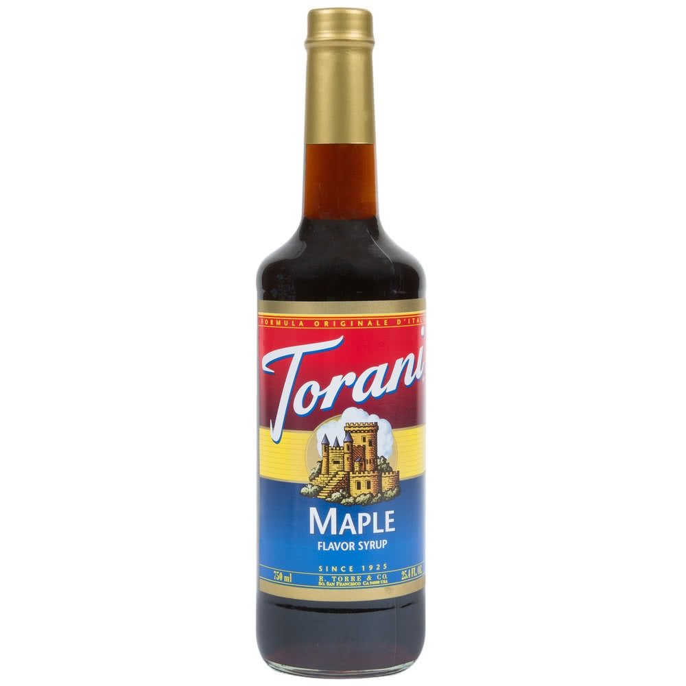 Torani Maple Syrup 750 mL bottle for versatile pancake and beverage sweetness.
