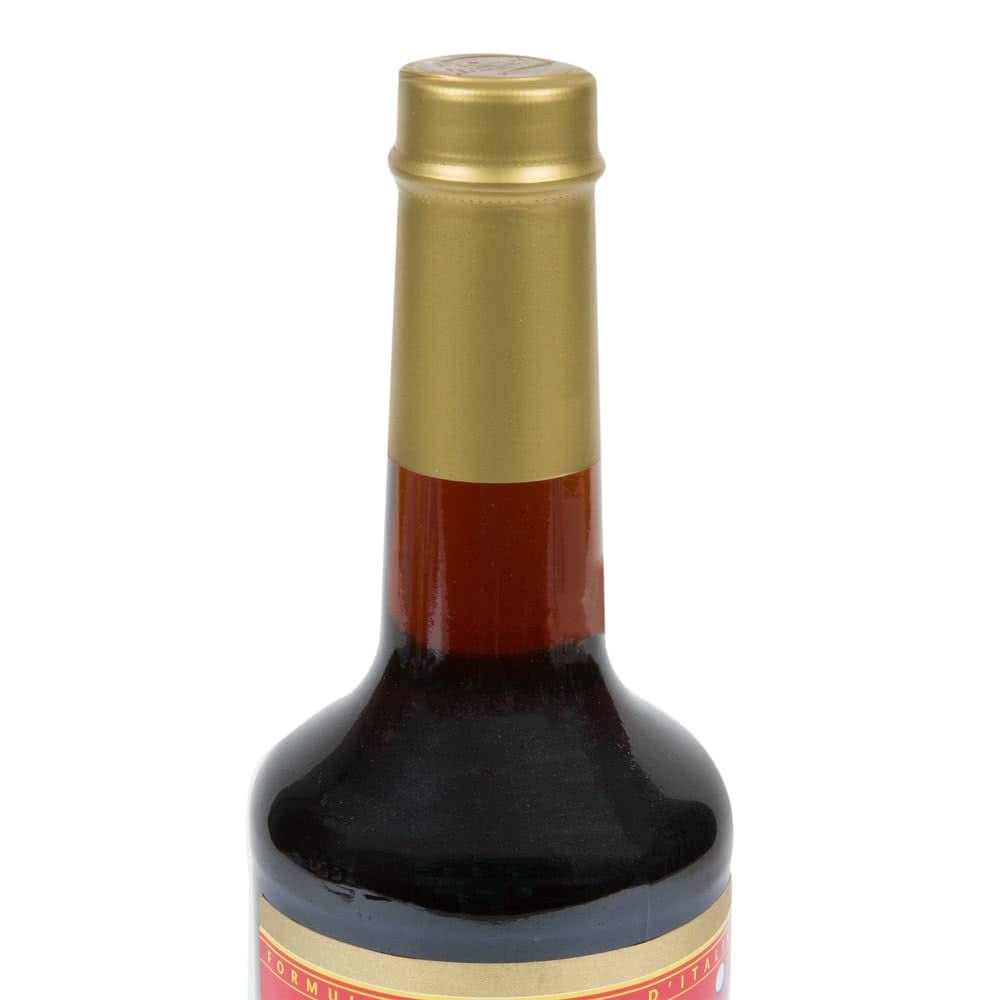 Torani Maple Syrup 750 mL label close-up shows premium flavor and recognizable branding.