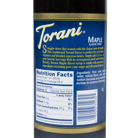 Torani Maple Syrup 750 mL pancake shot adds rich maple aroma and sweetness.