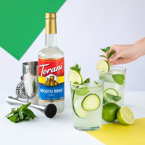 Torani Mojito Mint Syrup bottle closeup emphasizes premium ingredients.