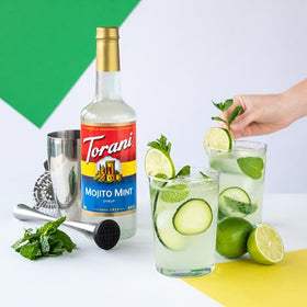 Torani Mojito Mint Syrup bottle closeup emphasizes premium ingredients.