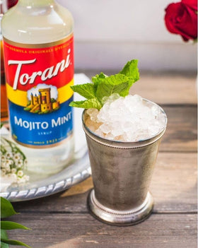 Torani Mojito Mint Syrup label highlights natural flavors and cane sugar.