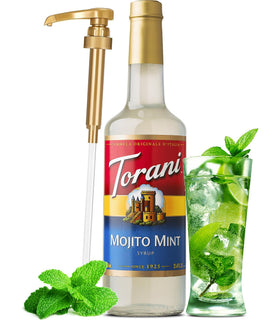 Torani Mojito Mint Syrup pour delivers bright lime and mint flavor for any drink.