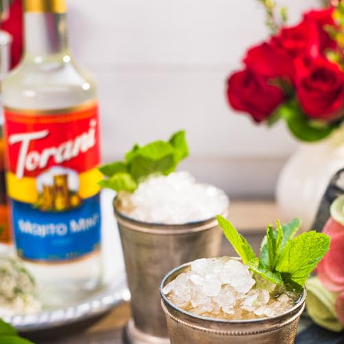 Torani Mojito Mint Syrup with ice suggests a chilled, ready-to-serve drink.