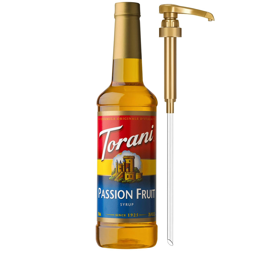 Torani Passion Fruit Syrup bottle with pump for precise sweetening in drinks